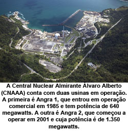 A Central Nuclear Almirante lvaro Alberto (CNAAA) conta com duas usinas em operao. A primeira  Angra 1, que entrou em operao comercial em 1985 e tem potncia de 640 megawatts. A outra  Angra 2, que comeou a operar em 2001 e cuja potncia  de 1.350 megawatts - Fonte: Eletronuclear