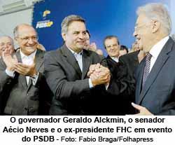 O governador Geraldo Alckmin, o senador Acio Neves e o ex-presidente FHC em evento do PSDB - Foto: Fabio Braga/Folhapress