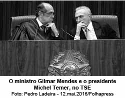 O ministro Gilmar Mendes e o presidente Michel Temer, no TSE - Foto: Pedro Ladeira - 12.mai.2016/Folhapress