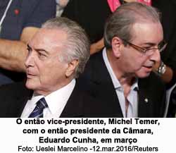 O ento vice-presidente, Michel Temer, com o ento presidente da Cmara, Eduardo Cunha, em maro.2016 - Ueslei Marcelino -12.mar.2016/Reuters