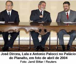Jos Dirceu, Lula e Palocciem abril de 2004 - Foto: Jamil Bittar / Reuters