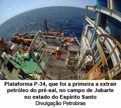 Plataforma P-34, que foi a primeira a extrair petrleo do pr-sal, no campo de Jubarte no estado do Esprito Santo - Divulgao Petrobras