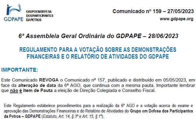 GDPAPE - Comunicado 159 - 27/05/2023
