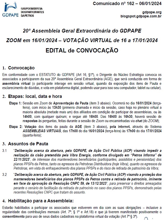 GDPAPE - Comunicado 162 - 06/01/2024
