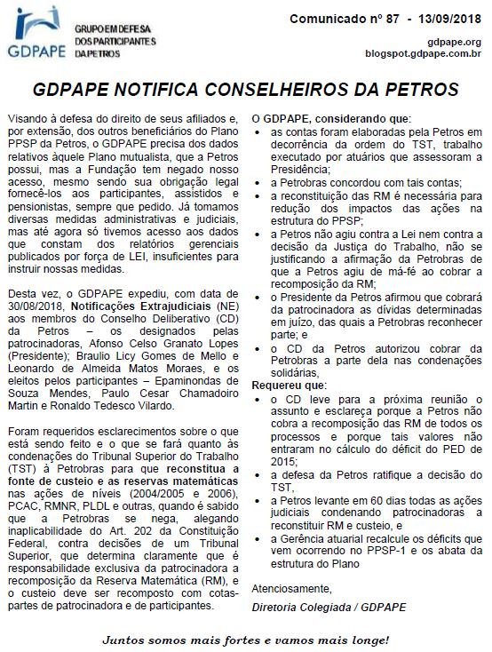 GDPAPE - Comunicado 87 - 13/09/2018