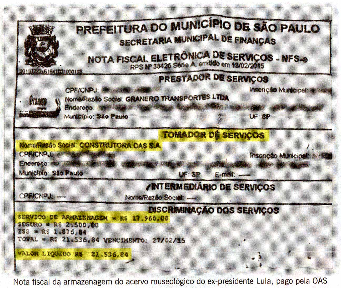 O Globo - Nota Fiscal da armazenagem do acervo museolico do ex-presidente Lula, pago pela OAS