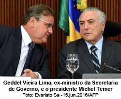 Geddel Vieira Lima, ex-ministro da Secretaria de Governo, e o presidente Michel Temer - Evaristo Sa -15.jun.2016/AFP