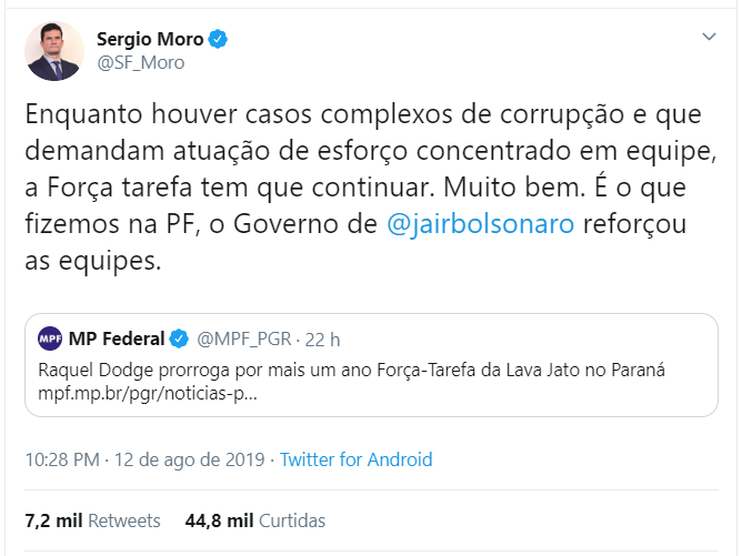 Twitter: Sergio Moro sobre ba Lava Jato