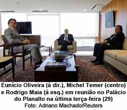 Eunício Oliveira (à dir.), Michel Temer (centro) e Rodrigo Maia (à esq.) em reunião no Palácio do Planalto na última terça-feira (29) - Adriano Machado/Reuters
