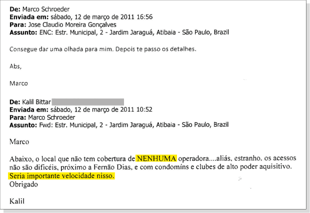 Reprodução de e-mail de Kalil Bittar a executivo da Oi - Reprodução / Folha de São Paulo