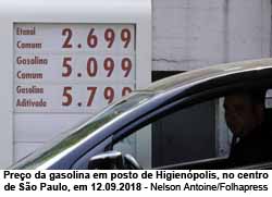 Preço da gasolina em posto de Higienópolis, no centro de São Paulo, em 12.09.2018 - Nelson Antoine/Folhapress