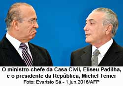 O ministro-chefe da Casa Civil, Eliseu Padilha, e o presidente da Repblica, Michel Temer - Foto: Evaristo S - 1.jun.2016/AFP