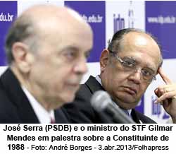 Jos Serra (PSDB) e o ministro do STF Gilmar Mendes em palestra sobre a Constituinte de 1988 - Foto: Andr Borges - 3.abr.2013/Folhapress