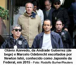 Otvio Azevedo, da Andrade Gutierrez (de bege) e Marcelo Odebrecht escoltados por Newton Ishii, conhecido como Japons da Federal, em 2015 - Foto: Rodolfo Burher/Reuters
