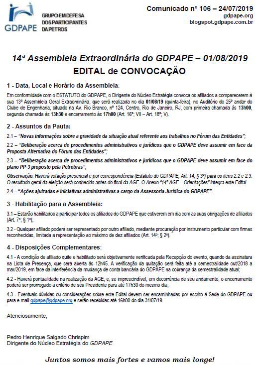 GDPAPE - Comunicado 106 - 24/07/2019
