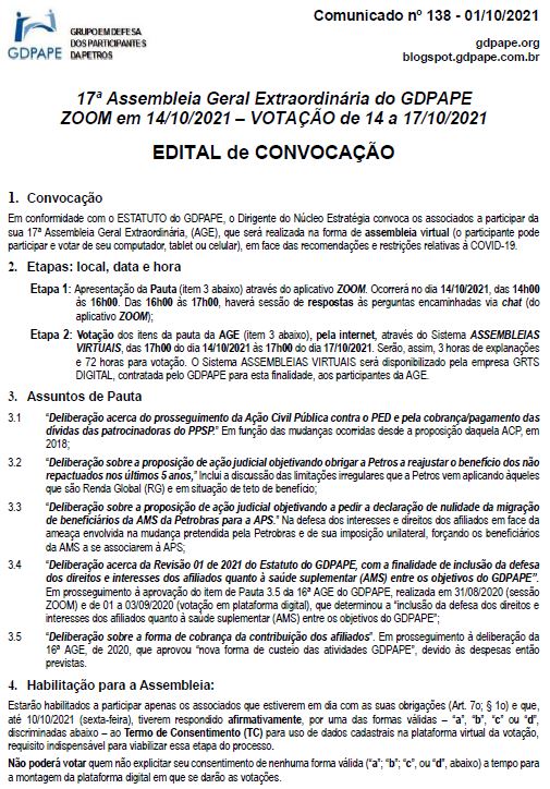 GDPAPE - Comunicado 138 - 01/10/2021