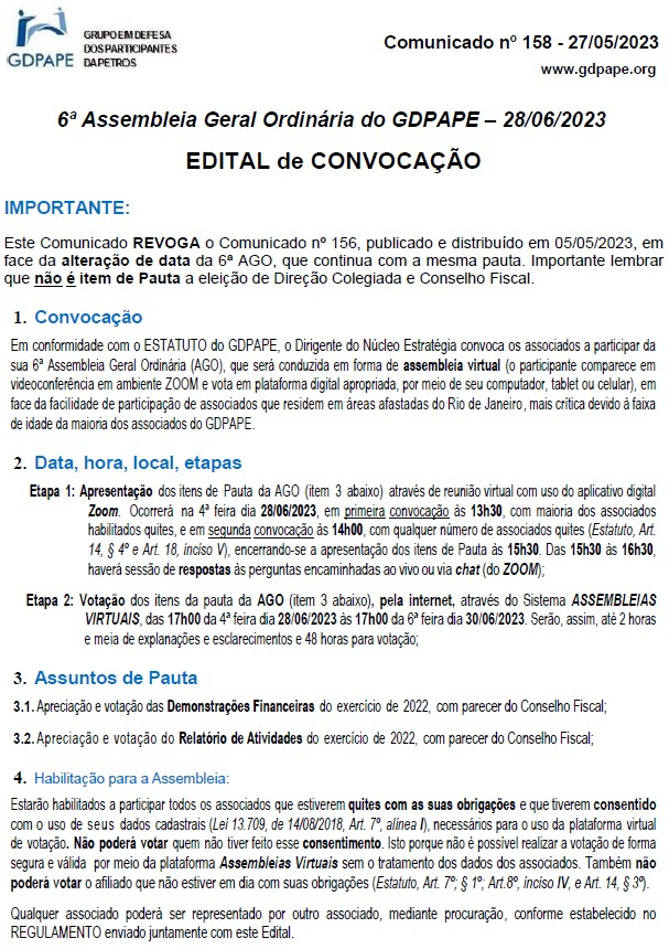 GDPAPE - Comunicado 158 - 27/05/2023
