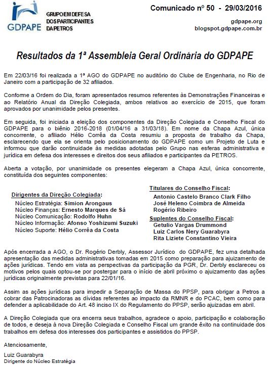 GDPAPE - Comunicado 50 - 29/03/2016
