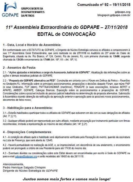 GDPAPE - Comunicado 92 - 19/11/2018