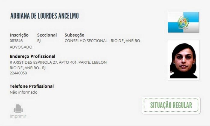 Ficha de Adriana Ancelmo no Conselho Federal da OAB mostra situao regular da advogada - Reproduo