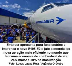 Embraer apresenta para funcionrios e impresa o novo E195-E2 o jato comercial de nova gerao mais eficiente no mundo que tem uma economia de combustvel de at 24% maior e 20% na manuteno. - Lucas Lacaz Ruiz / Agncia O Globo