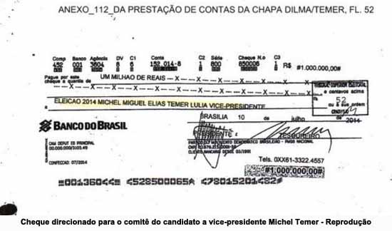 Cheque direcionado para o comit do candidato a vice-presidente Michel Temer - Reproduo
