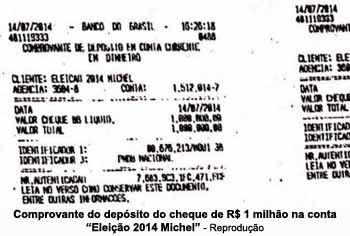 Comprovante do depsito do cheque de R$ 1 milho na conta Eleio 2014 Michel - Reproduo