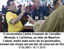 O economista Carlos Emanuel de Carvalho Miranda, o Carlinhos, ao lado de Maurcio Cabral, irmo mais novo do ex-governador, tomam um chope em um bar da zona sul do Rio - O GLOBO