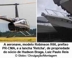 A aeronave, modelo Robinson R66, prefixo PR-CMA, e a lancha 'Retcha', de propriedade do scio de Hudson Braga, Luiz Paulo Reis - Divulgao/Montagem
