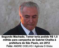 Segundo Machado, Temer teria pedido R$ 1,5 milho para campanha de Gabriel Chalita  prefeitura de So Paulo, em 2012