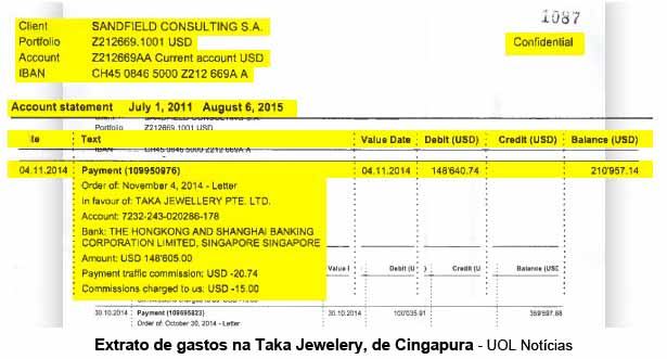 Extrato de gastos na Taka Jewelery, de Cingapura - UOL Notcias